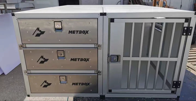 METBOX USA dual dog crate with storage drawers, front view