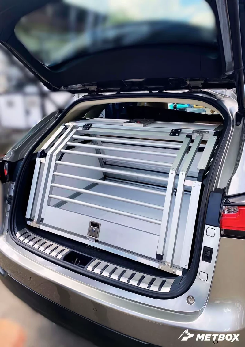 METBOX USA single dog crate with triple storage drawers, side view