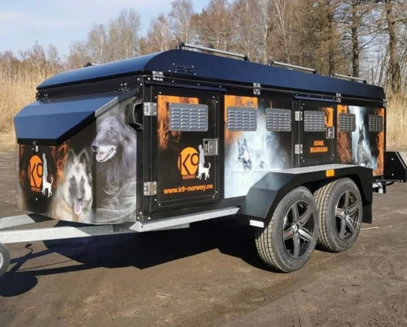 K9 Norway professional dog trailer with Belgian Malinois graphics and vented doors